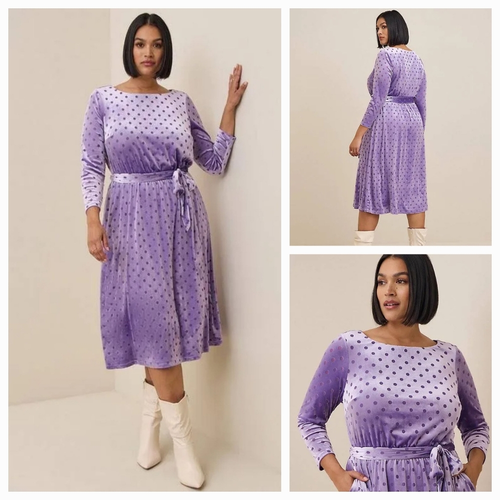 NWT Torrid Burnout Velvet Boatneck Lilac Polka Dot Midi Dress Size 1x 14/16